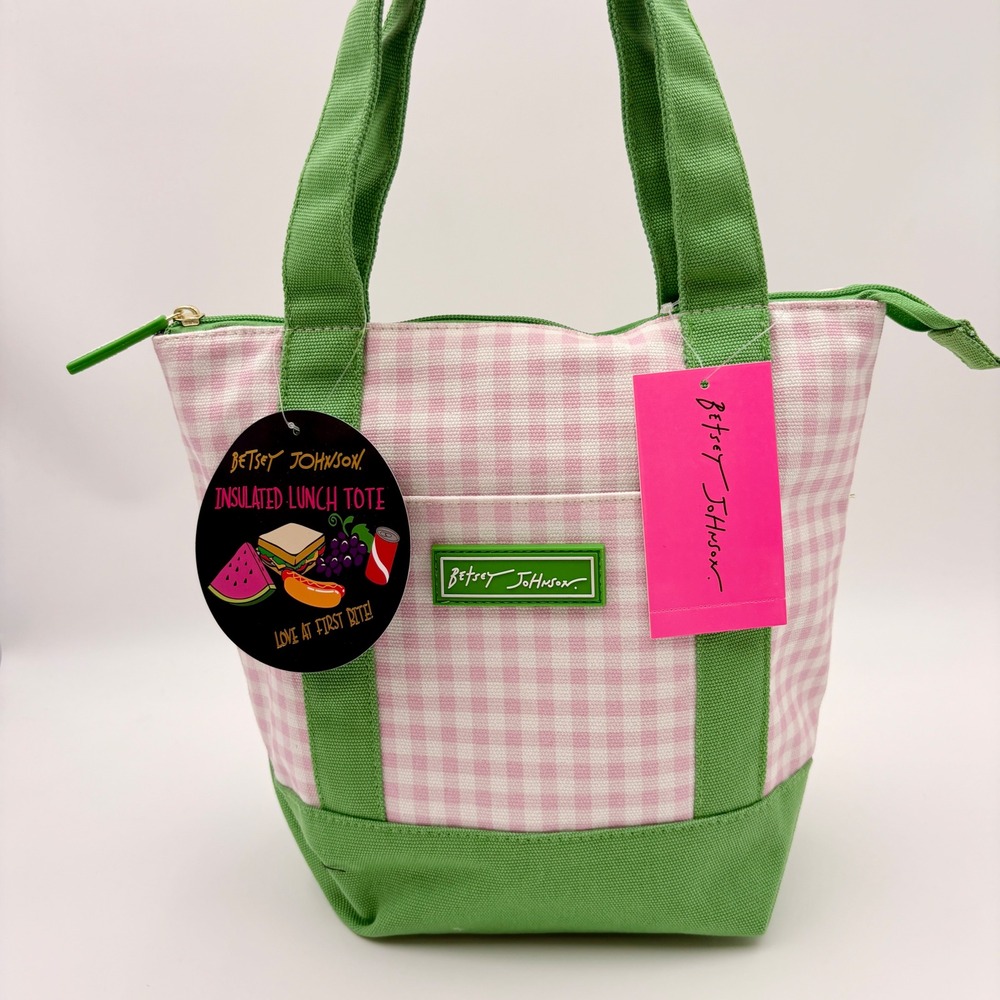 Betsey Johnson Pink Gingham Insulated Lunch Tote Green Trim New With Tags